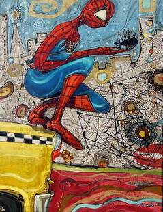 Max Pedreira - Spiderman Stretched Canvas: Pedreira, Max Spiderman Original Art Mixed media on canvas with an image area of 31.5x23.6 in Signed by the artist At the heart of this exceptional painting stands the iconic Marvel superhero, dressed
