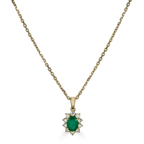 IGL Certified 14K Yellow Gold 1 CT Emerald & Natural Diamonds Pendant -16-18" Adjustable Chain