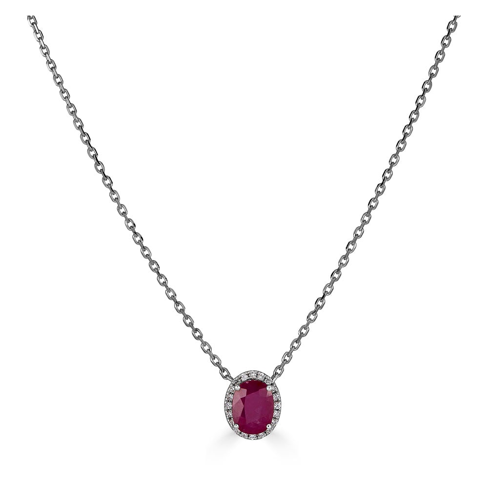 IGL Certified 14K White Gold 1.34 CT Ruby & Natural Diamond Halo Necklace - 16-18" Adjustable Chain (1 of 1)