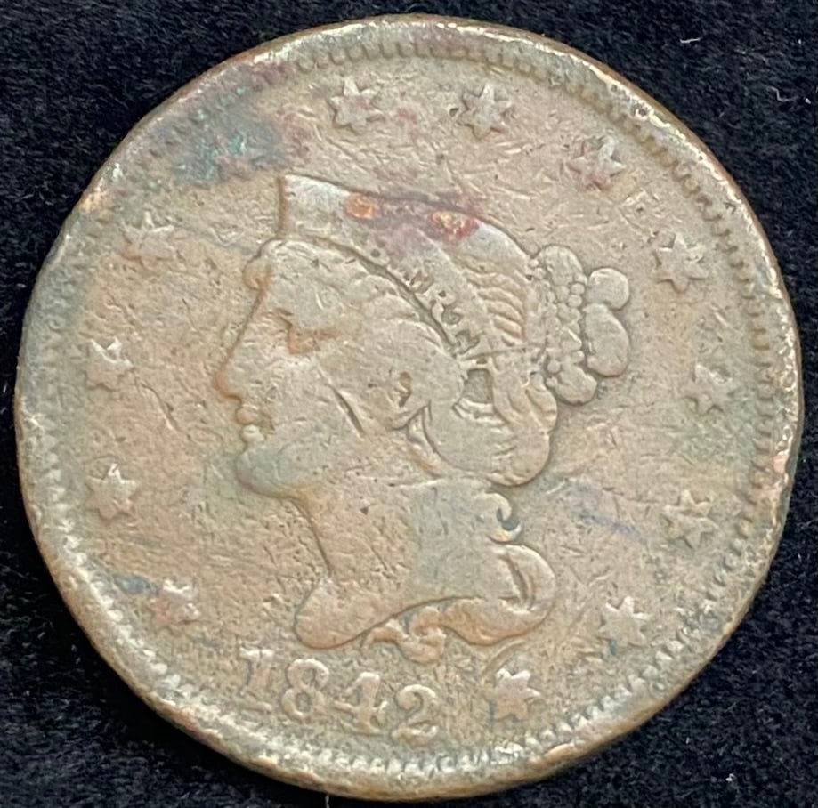 1842 Braided Hair Large Cent Large Date RB rim ding. (1 of 2)