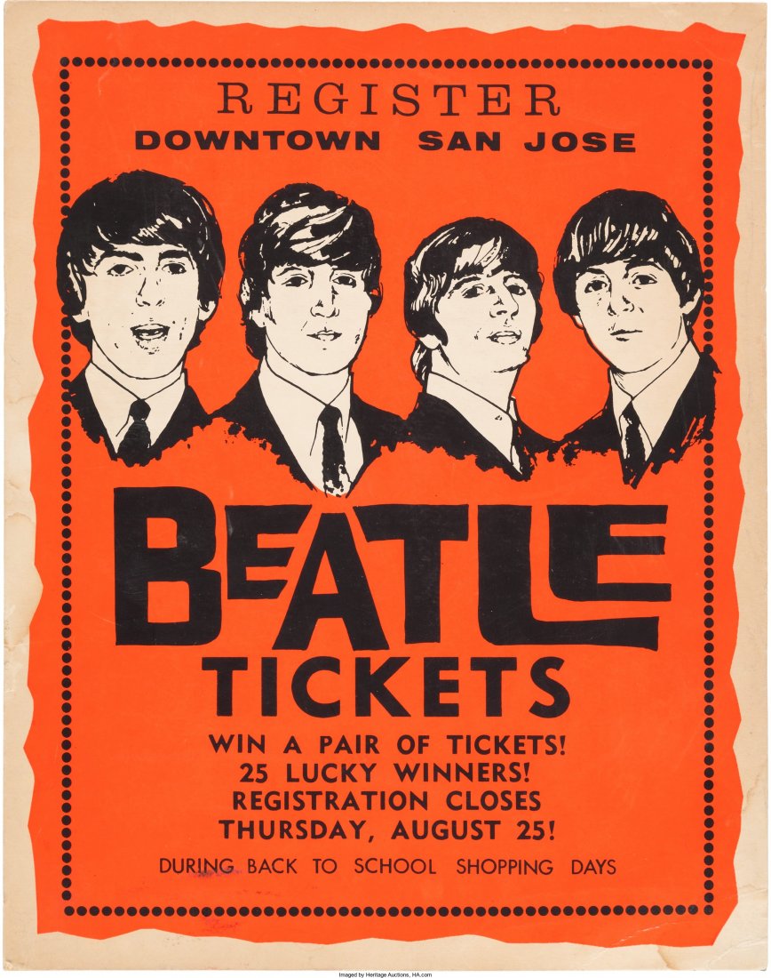 Beatles - San Jose Merchants Ticket Giveaway Pos: Beatles - San Jose Merchants Ticket Giveaway Poster for San Francisco Candlestick Park, Their Last Sch
