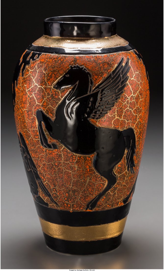 A Boch Freres Partial Gilt and Glazed Ceramic Va: A Boch Freres Partial Gilt and Glazed Ceramic Vase: Persee et les Gorgones<