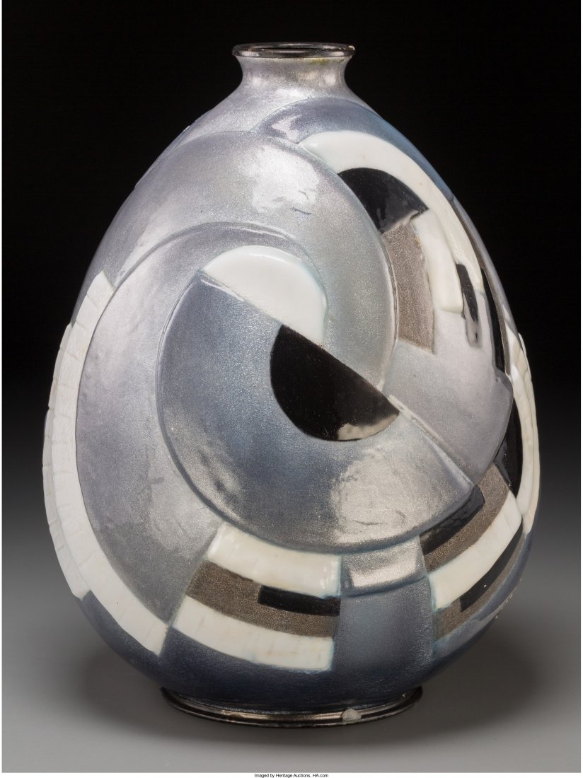 A Camille Fauré Art Deco Enameled Copper Vase,: A Camille Fauré Art Deco Enameled Copper Vase, Limoges, France, circa 1930Marks: C. FAURÃ‰