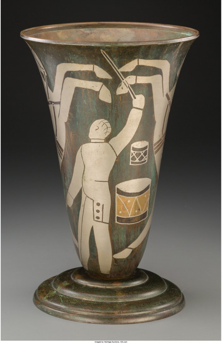 A P. Mercier Art Deco Dinanderie Circus Vase, ci: A P. Mercier Art Deco Dinanderie Circus Vase, circa 1925Marks: P. MERC-IER13-3