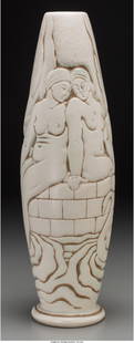 A Legrand Art Deco Carved and Glazed Stoneware B: A Legrand Art Deco Carved and Glazed Stoneware Bathers Vase for Mou