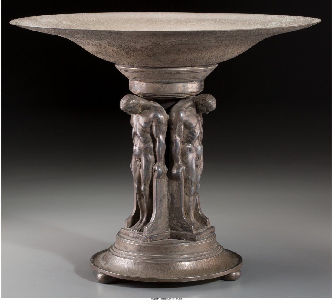 An Oscar Bach Deco Acid-Etched and Patinated Met: An Oscar Bach Deco Acid-Etched and Patinated Metal Telamons Compote