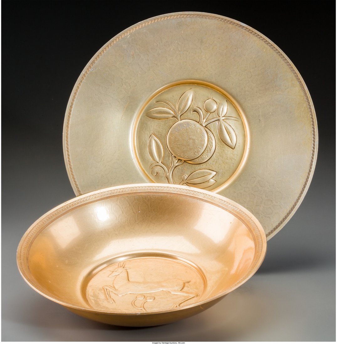 An Oscar Bach Art Deco Gilt Aluminum Center Bowl: An Oscar Bach Art Deco Gilt Aluminum Center Bowl and Charger, New York, New York, circa 1930 M