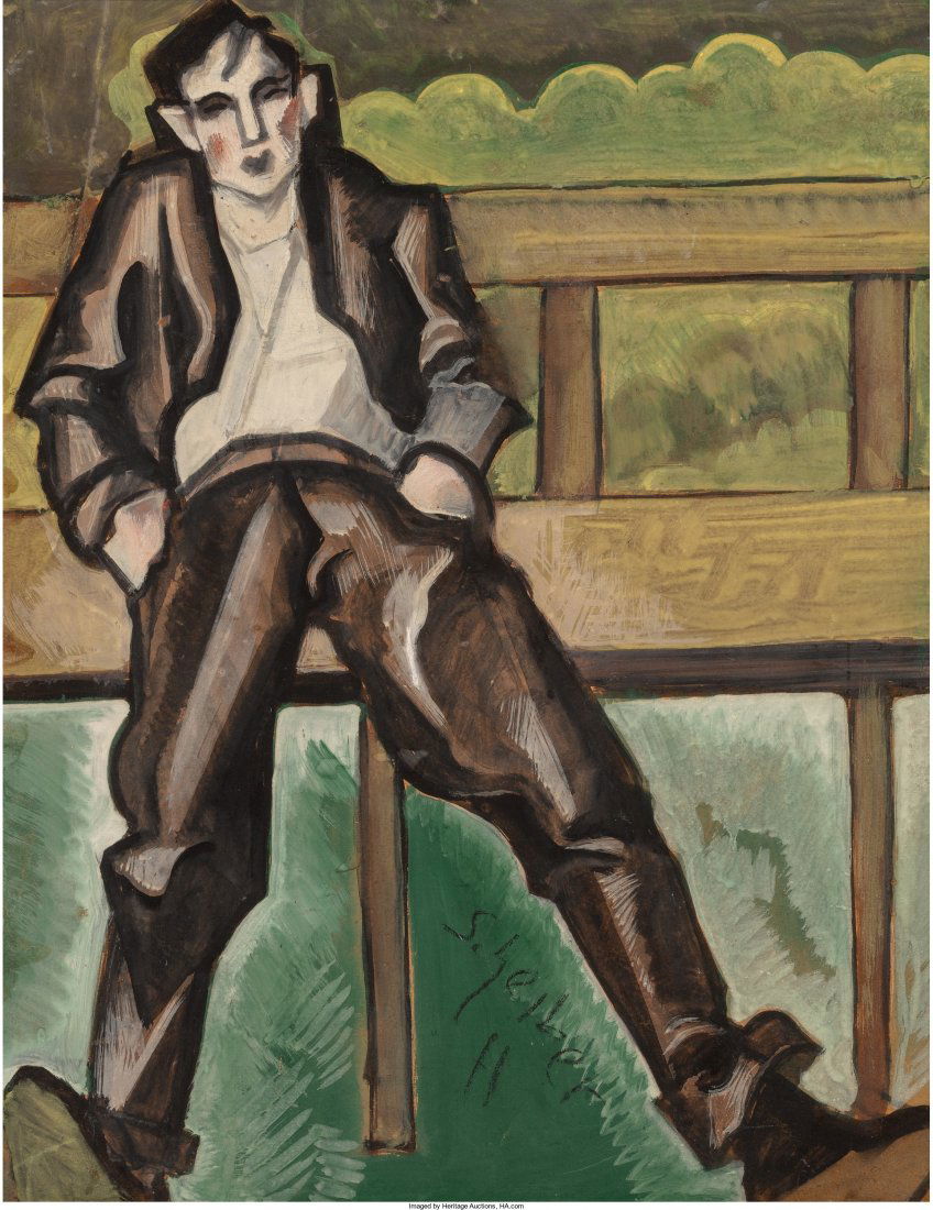 Hugo Scheiber (Hungarian, 1873-1950) Man Seated: Hugo Scheiber (Hungarian, 1873-1950)Man Seated on Park BenchGouache on paper laid o