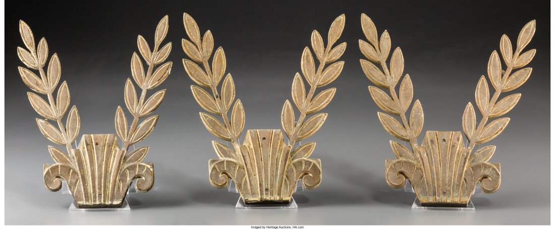 A Set of Three Creme Painted Bronze Olive Branch: A Set of Three Creme Painted Bronze Olive Branch Wall AppliquÃ©s, 20th century 7-3/4 i