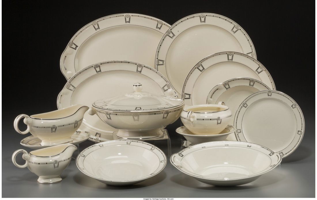 A Ninety-Five Piece Taylor, Smith & Taylor Art D: A Ninety-Five Piece Taylor, Smith & Taylor Art Deco Platinum-Foiled Ceramic Partial Service, C
