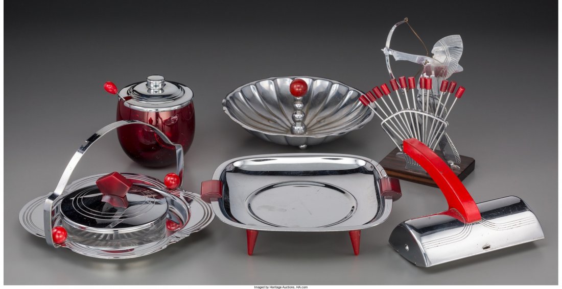 Seven-Pieces of Art Deco Chrome Barware and Tabl: Seven-Pieces of Art Deco Chrome Barware and Table Items, circa 1930-1945 Marks: (vario