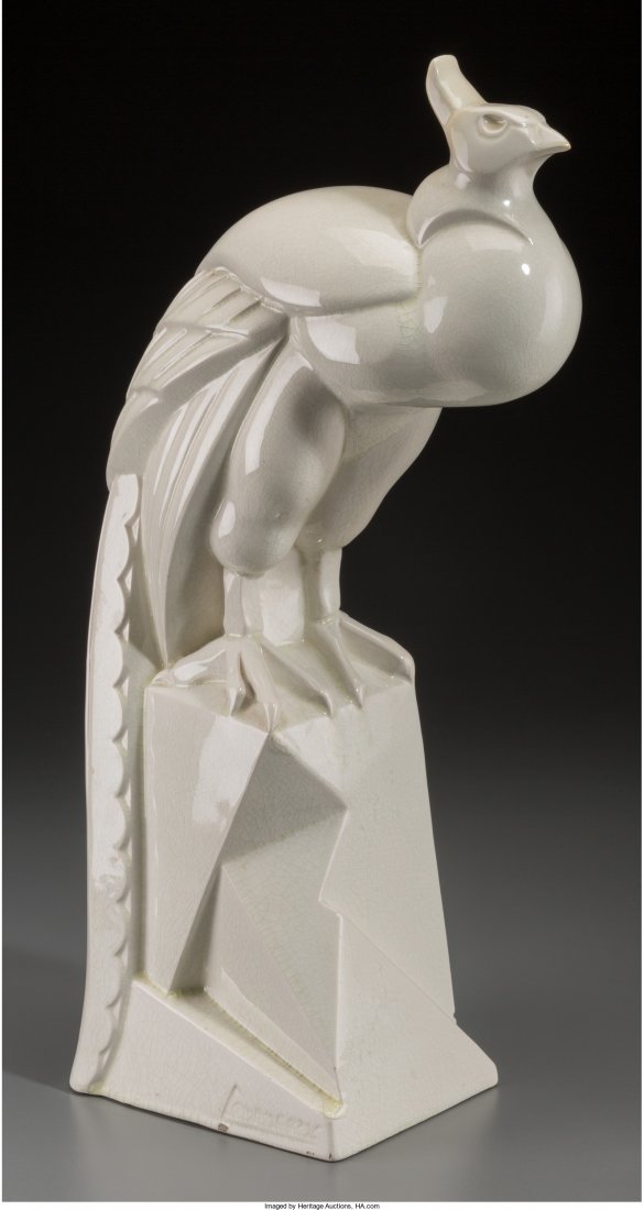 A Charles Lemanceau Art Deco Glazed Ceramic Peac: A Charles Lemanceau Art Deco Glazed Ceramic Peacock for St. Clement, circa 1930Marks: