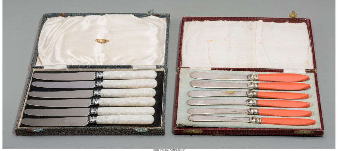 Two Cased Sets of English Dessert Knives, first: Two Cased Sets of English Dessert Knives, first half 20th centuryMarks: (various mark