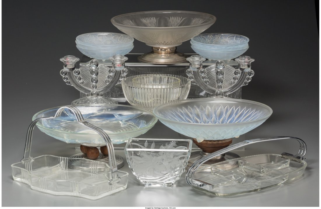 Sixteen Pieces of Art Deco Assorted Clear, Frost: Sixteen Pieces of Art Deco Assorted Clear, Frosted and Opalescent Glass Tablewares, 20th centu