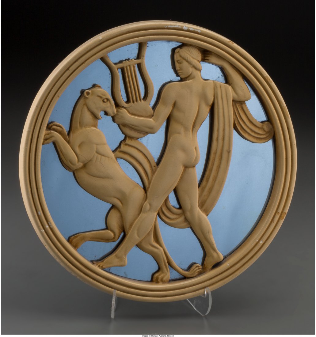 An Art Deco Mirrored Plaster Figural Plaque, cir: An Art Deco Mirrored Plaster Figural Plaque, circa 1936Marks: 1936, GR