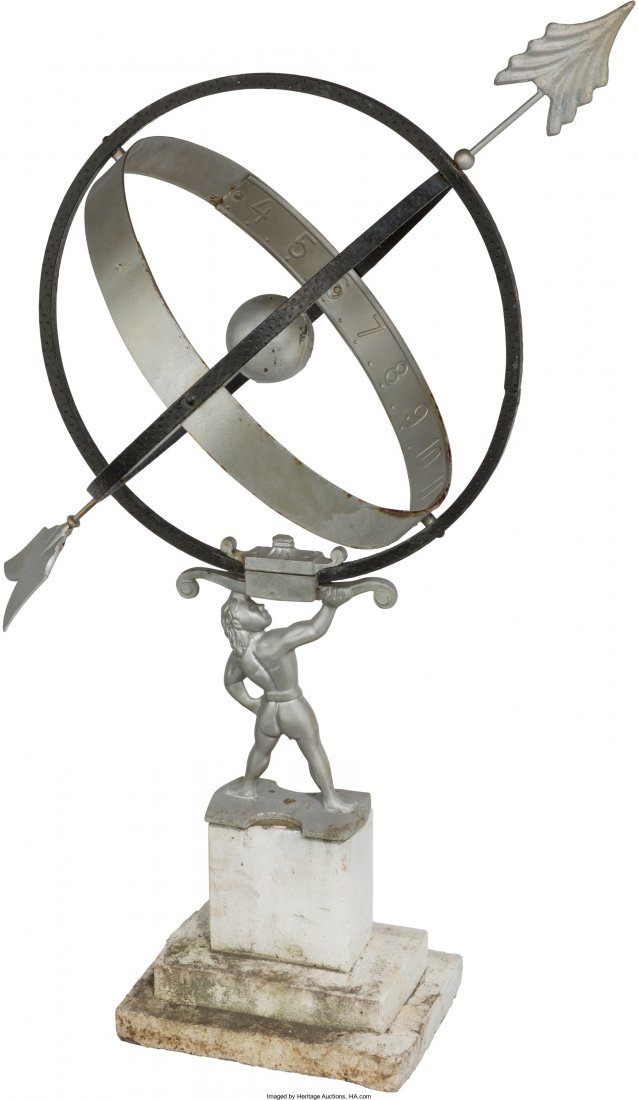 A Silvered Metal Garden Sundial: Atlas, 20th cen: A Silvered Metal Garden Sundial: Atlas, 20th centur