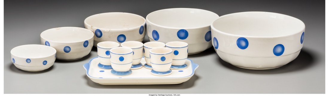 A Set of Five Spritzdekor Graduated Ceramic Bowl: A Set of Five Spritzdekor Graduated Ceramic Bowls and a Seven-Piece Egg Cup Set with Blue Polka Dots,<