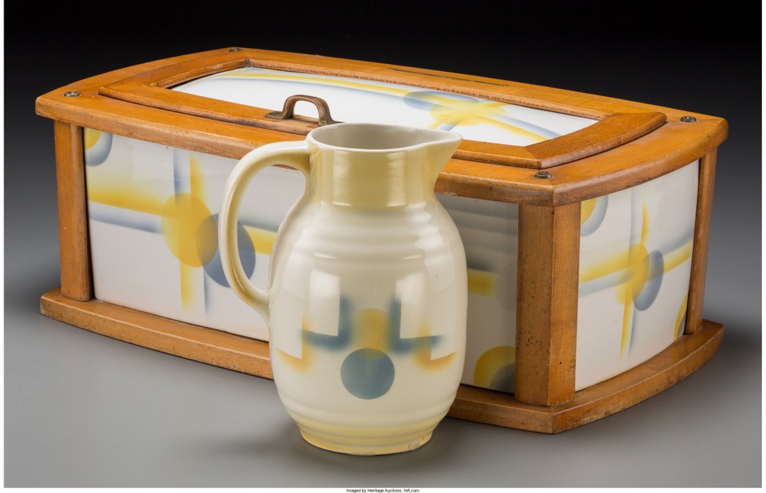 A Spritzdekor Art Deco Ceramic Bread Box and Pit: A Spritzdekor Art Deco Ceramic Bread Box and Pitcher, circa 1930 7-3/4 h x 17-3/4 w x