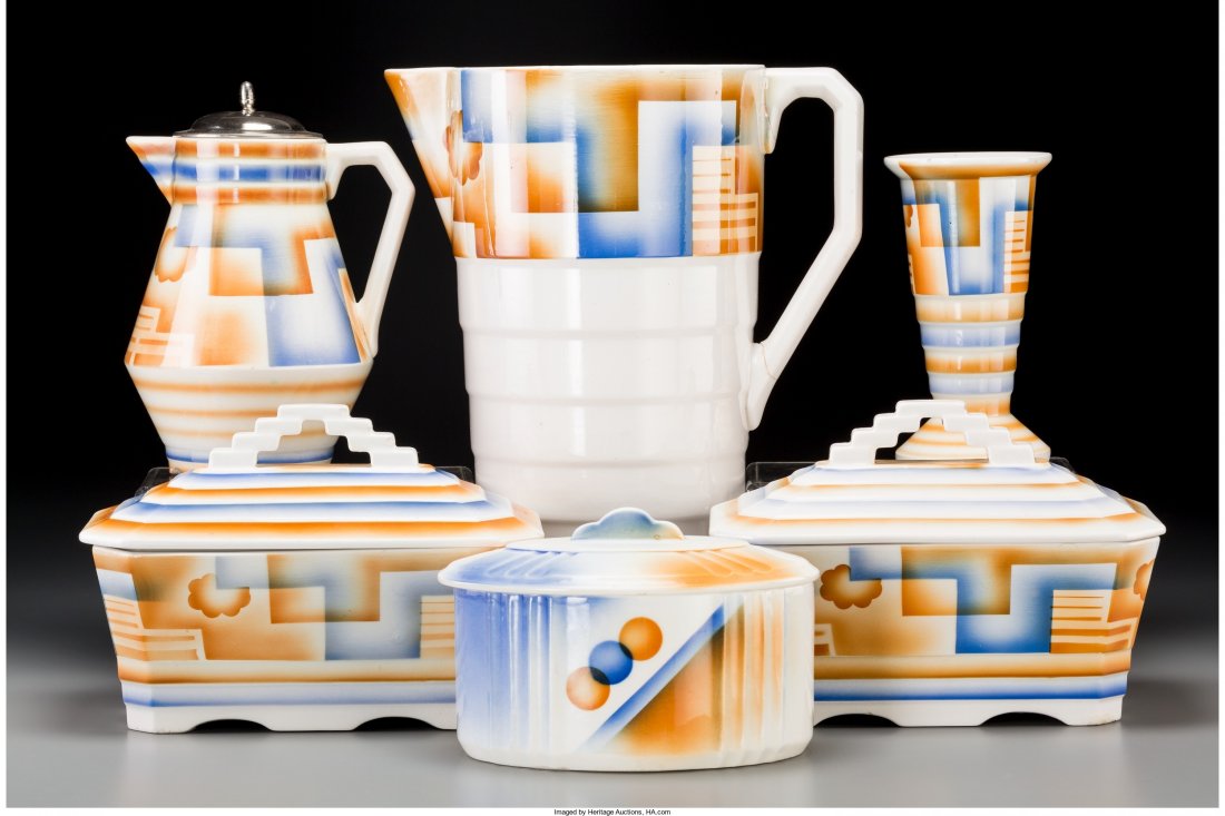 Six Thomasberger and Hermann Spritzdekor Bauhaus: Six Thomasberger and Hermann Spritzdekor Bauhaus Ceramic Tablewares, circa 1930 Marks: (var