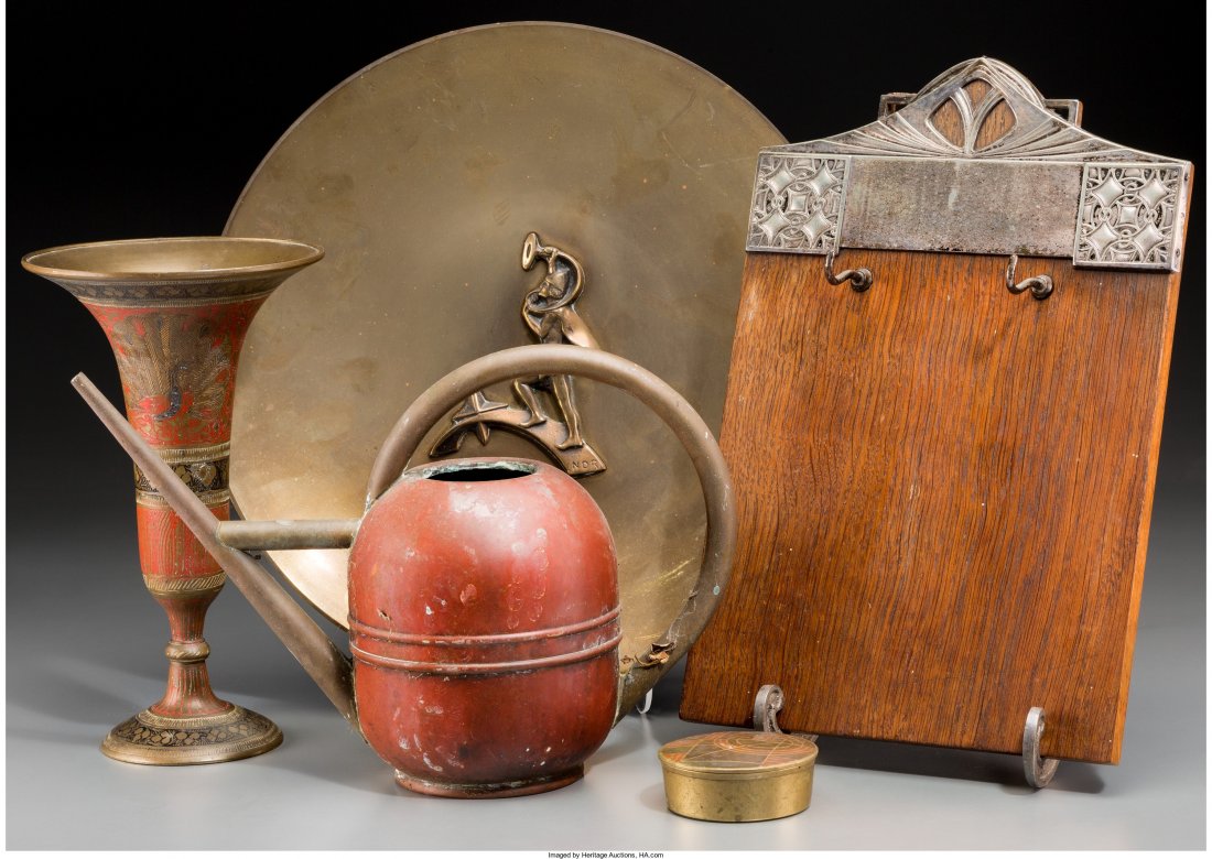 Five Bronze and Mixed Metal Tablewares with WMF : Five Bronze and Mixed Metal Tablewares with WMF Silver-Plated Document Board, 20th century