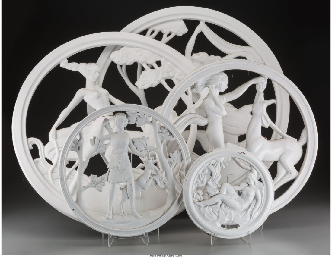 Five Art Deco Painted Plaster Reticulated Wall P: Five Art Deco Painted Plaster Reticulated Wall Plaques of Allegorical Figures, 20th century
