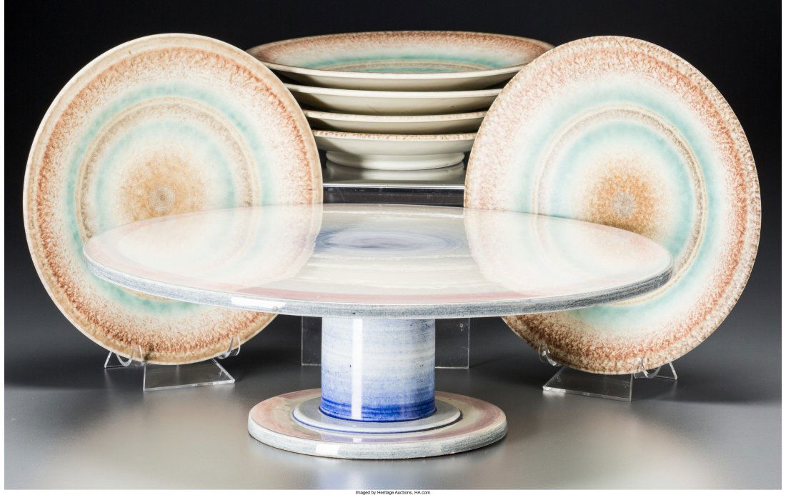 A Set of Six Spritzdekor Art Deco Ceramic Lunche: A Set of Six Spritzdekor Art Deco Ceramic Luncheon Plates and a Cake Stand, circa 1930