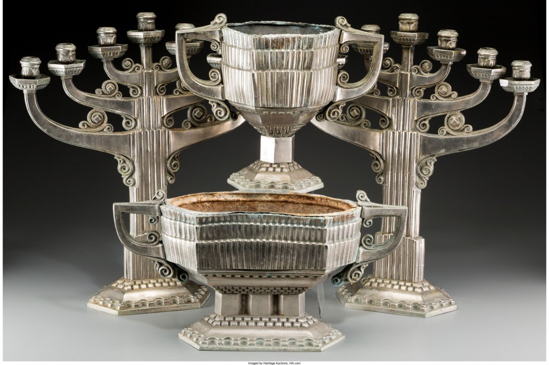 A Four-Piece Art Deco Silvered Metal Table Garni: A Four-Piece Art Deco Silvered Metal Table Garniture, 20th century 19-5/8 inches high (49.8