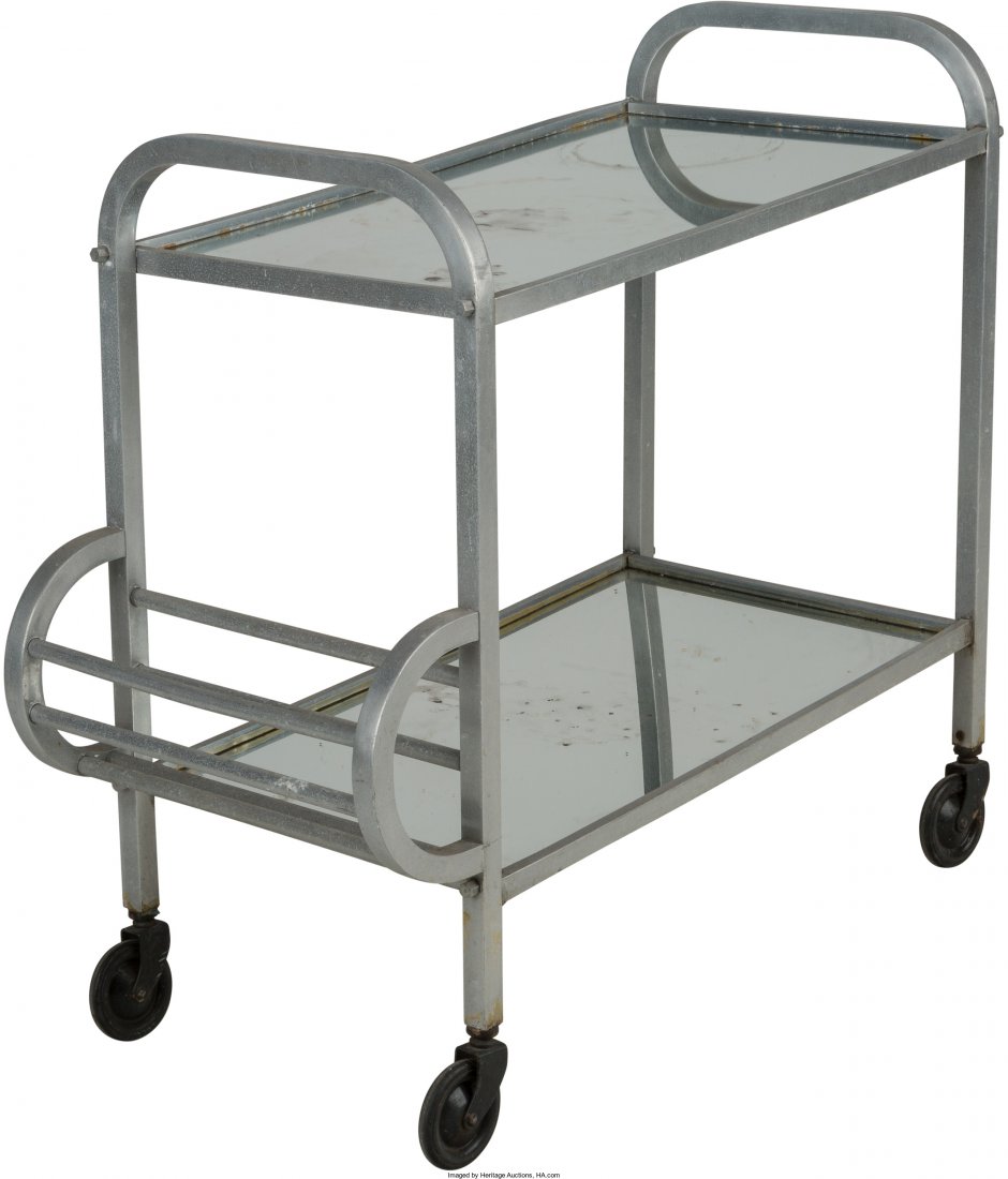 An Art Deco-Style Silvered Metal and Mirrored Ba: An Art Deco-Style Silvered Metal and Mirrored Bar Cart, 20th century27-5/8 h x 30 w x