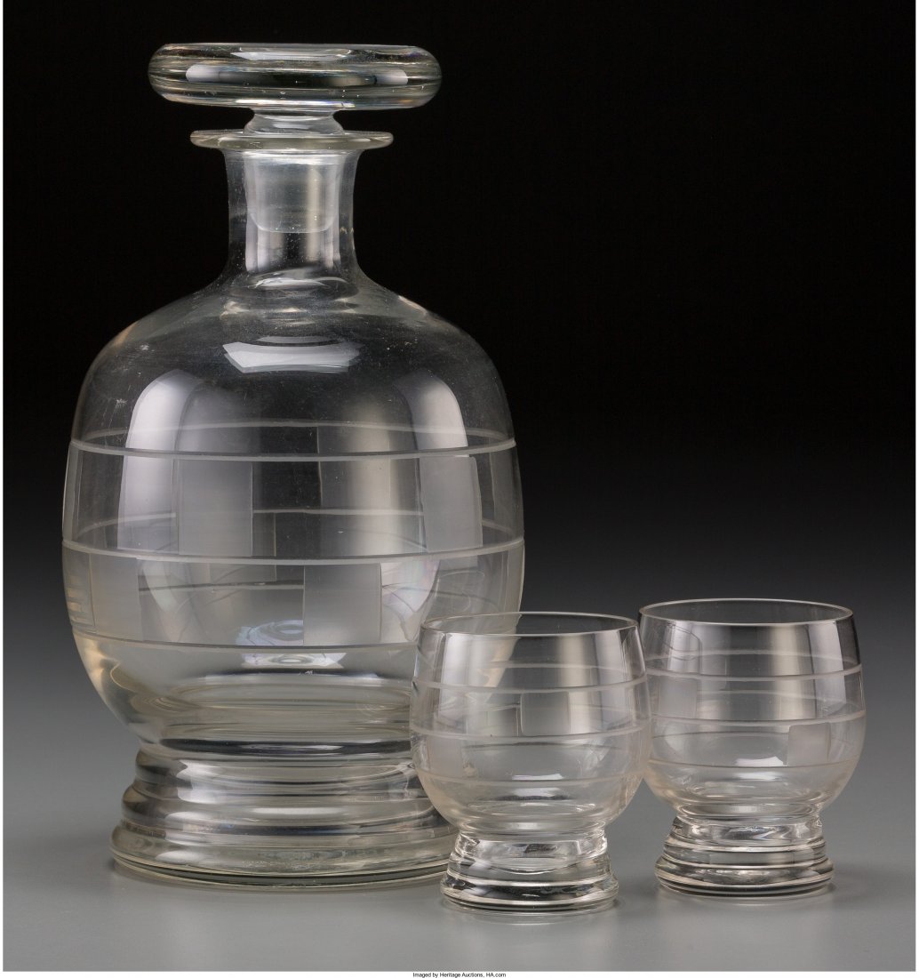 A Thirteen-Piece Art Deco Intalgio Liquor Set, 2: A Thirteen-Piece Art Deco Intalgio Liquor Set, 20th century 8 inches high (20.3 cm) (decant