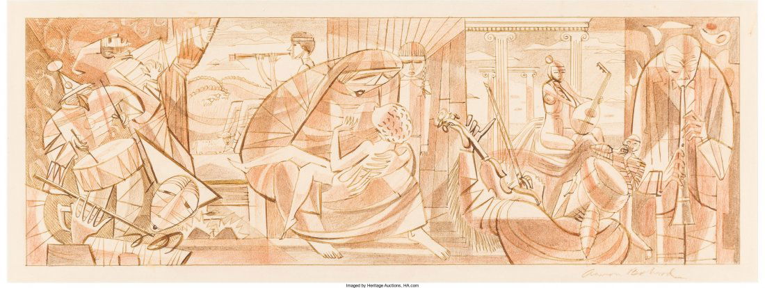 Aaron Bohrod (American, 1907-1992) Madonna and M: Aaron Bohrod (American, 1907-1992)Madonna and Musicians, The Menninger Clinic mural study</