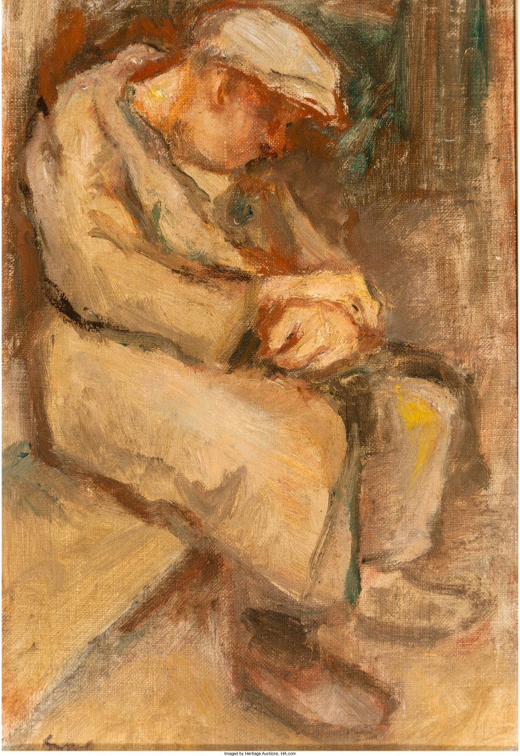 Bernard Gussow (American, 1881-1957) Seated Male: Bernard Gussow (American, 1881-1957)Seated Male Figure, 1947Oil on canvas12 x 8