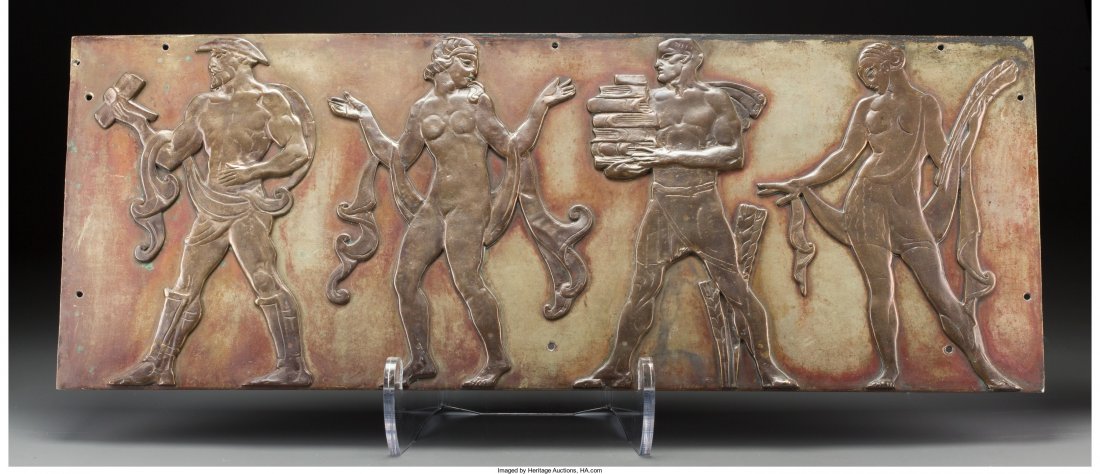 An Art Deco Neoclassical Partial Silvered Bronze: An Art Deco Neoclassical Partial Silvered Bronze Plaque: The Four Allegories