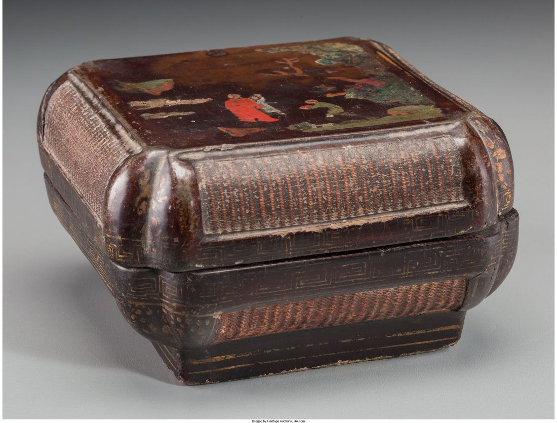 A Chinese Lacquered Wood and Woven Bamboo Painti (1 of 2)