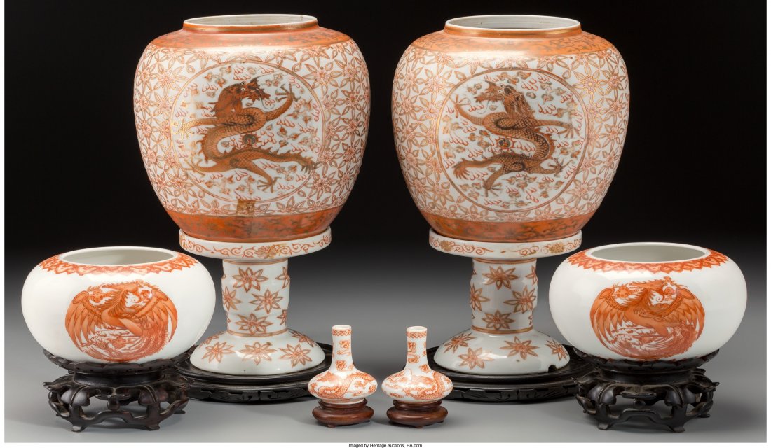Six Chinese Iron Red Decorated Porcelain Items, (1 of 2)