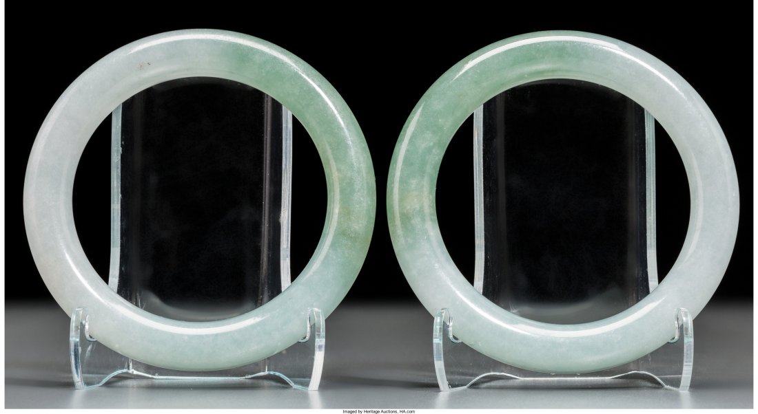 A Pair of Chinese Carved Jadeite Bangles 3-1/4 i (1 of 2)