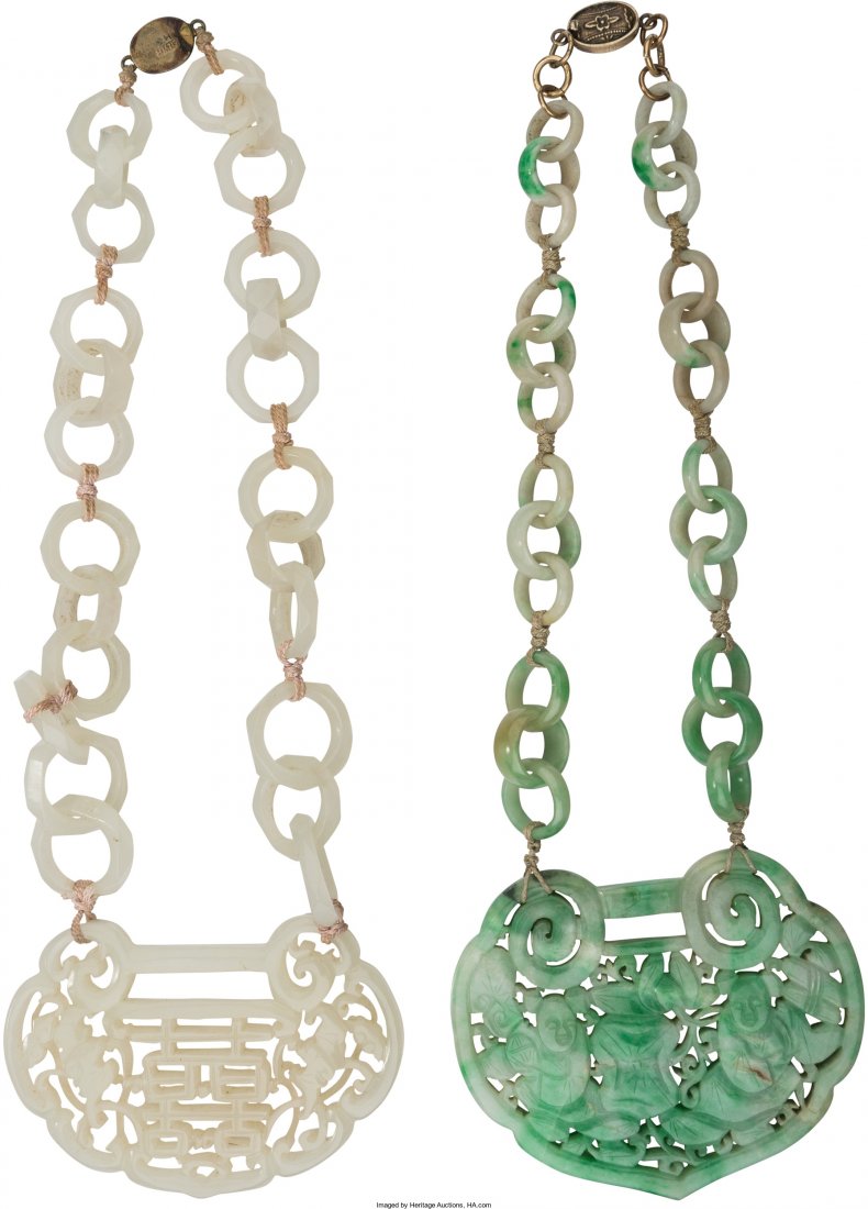 Two Chinese Carved Jade and Jadeite Necklaces, l (1 of 2)