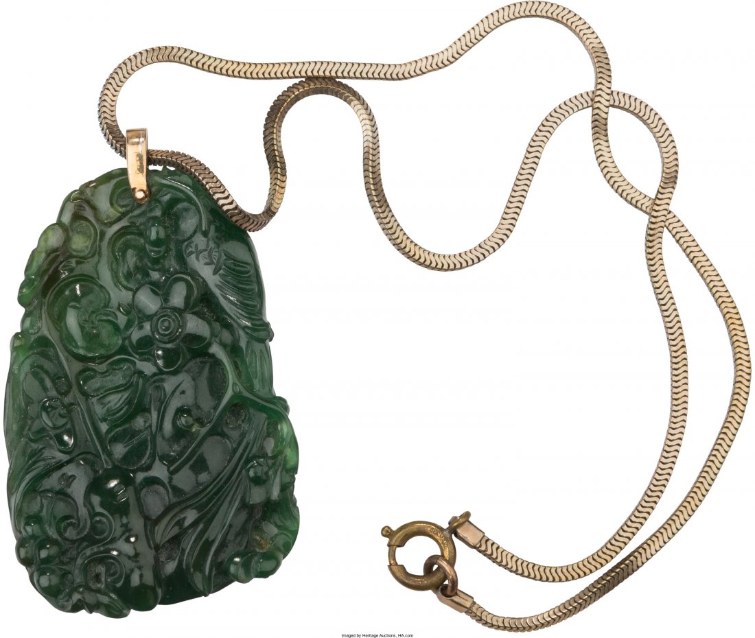 A Chinese Carved Green Tourmaline Blossom Pendan (1 of 2)