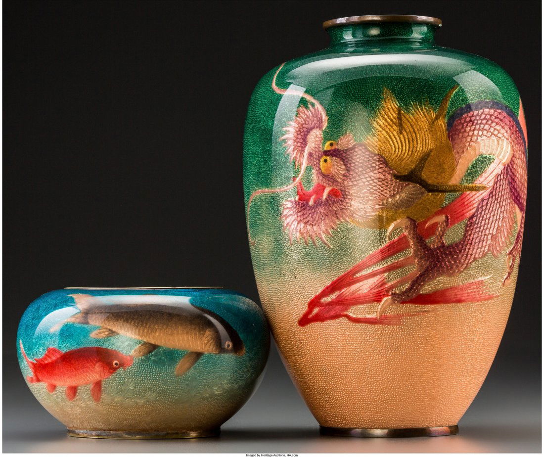 Two Japanese Cloisonne Vases with Dragon and Koi (1 of 4)