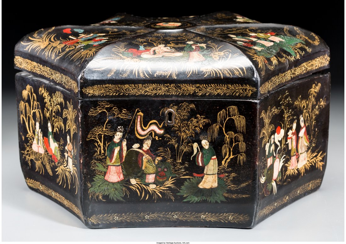 A Large Chinese Export Hexagonal Polychromed Woo: A Large Chinese Export Hexagonal Polychromed Wood Tea Caddy with Tin Insert, late Qing Dynasty
