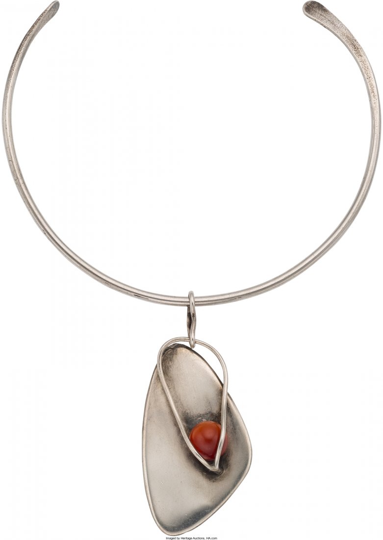 An Art Smith Modernist Silver and Carnelian Kine (1 of 2)