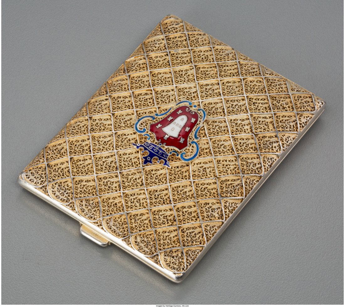 A Filigree Silver-Gilt and Enameled Cigarette Ca (1 of 4)