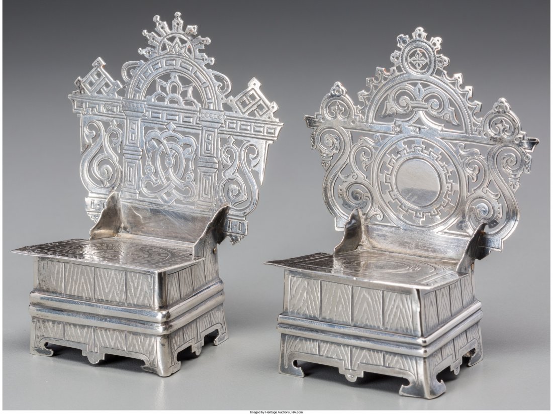 A Near Pair of Russian Throne-Form Salts, circa: A Near Pair of Russian Throne-Form Salts, circa 1884 Marks: (BÐŸ/1884), 84, (Moscow mark