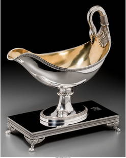 A Jean-Baptiste-Claude Odiot French Empire Parti: A Jean-Baptiste-Claude Odiot French Empire Partial Gilt Silver Figural Sauceboat on Stand, Paris, 1809-1819Marks: (rooster-1), (middle guarantee mark), (JBCO-bellows)11 h x 10 w x