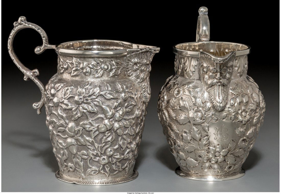 Two A.E. Warner and Samuel Kirk & Son Coin Silve: Two A.E. Warner and Samuel Kirk & Son Coin Silver and Sterling Creamers, Baltimore, Maryland,