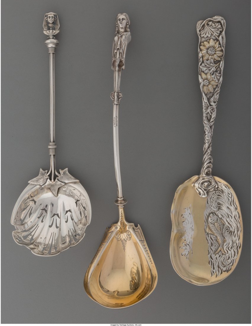 A Gorham Hizen Pattern Partial Gilt Silver Servi: A Gorham Hizen Pattern Partial Gilt Silver Serving Spoon, G