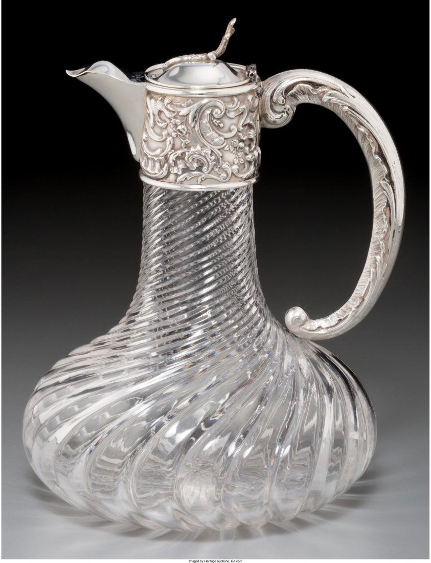 An Alphonse Debain Silver and Glass Claret Jug,: An Alphonse Debain Silver and Glass Claret Jug, Paris, circa 1883-1911Marks: (Minerva), (A