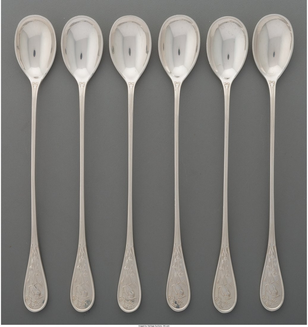 Six Tiffany Audubon Pattern Silver Iced Tea Spoo (1 of 3)