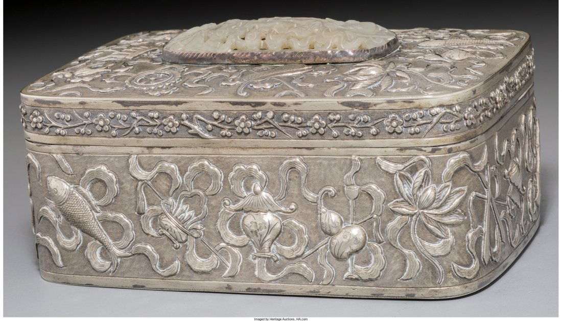 A Chinese Silver and Pale Jade-Mounted Box, Qing (1 of 3)