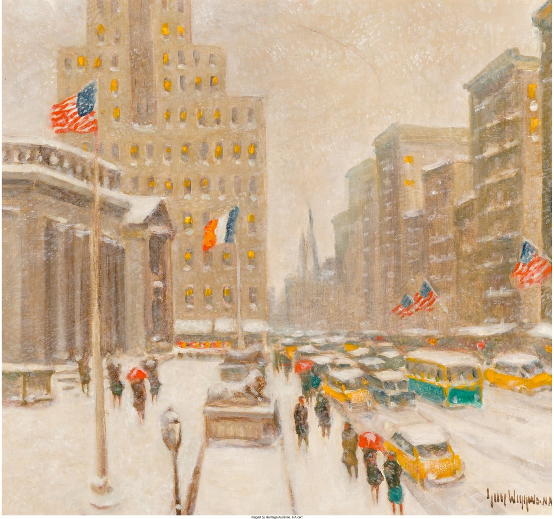 Guy Carleton Wiggins (American, 1883-1962) Winte: Guy Carleton Wiggins (American, 1883-1962)Winter at the Library, 1957O