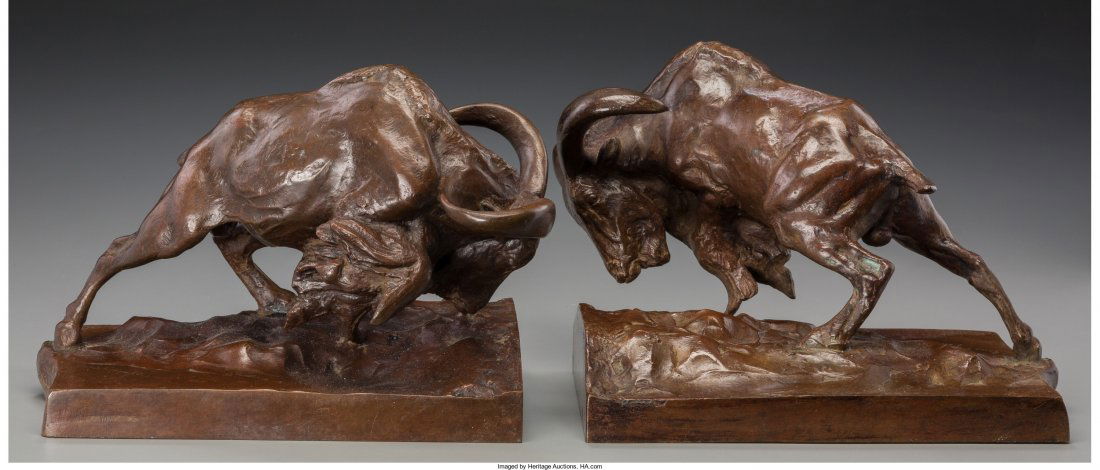 Anna Hyatt Huntington (American, 1876-1973) Char: Anna Hyatt Huntington (American, 1876-1973)Charging Mountain Goats: a Pair of Bookends<